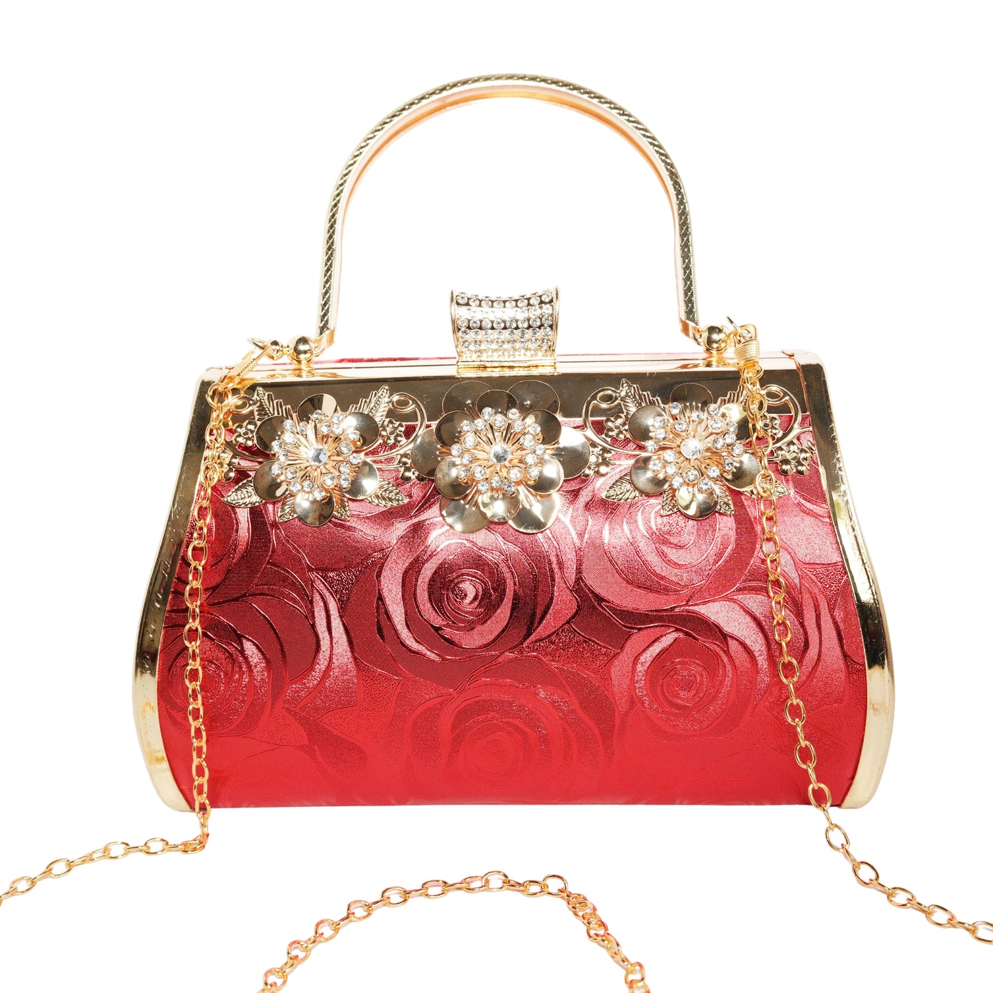 Bolso Rígido para Dama 1 Pieza con Decoración de Brillantes y Rosas Elegantes en Rojo y Dorado Ye Store