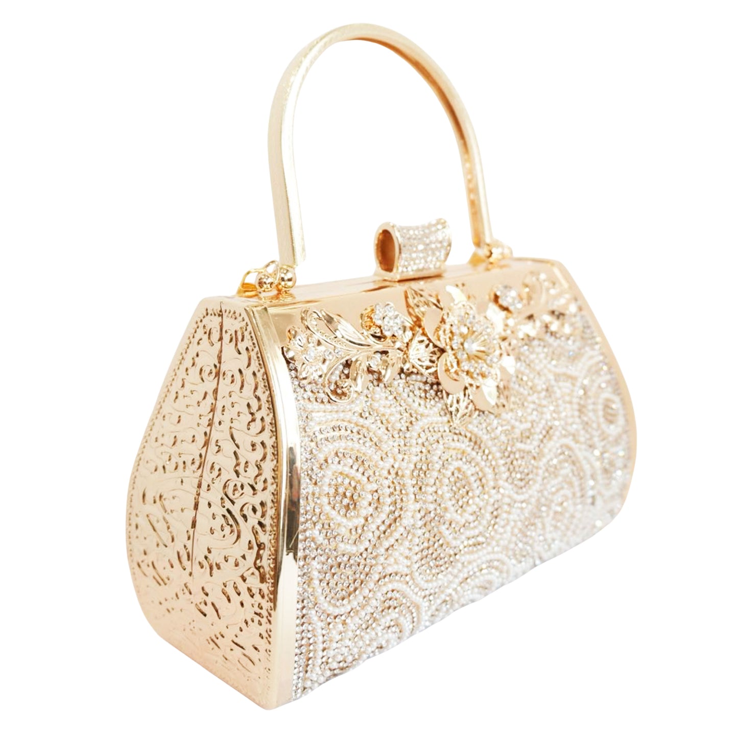 Bolso Rígido para Dama 1 Pieza con Decoración de Brillantes y Rosas Elegantes en Plata y Dorado Ye Store