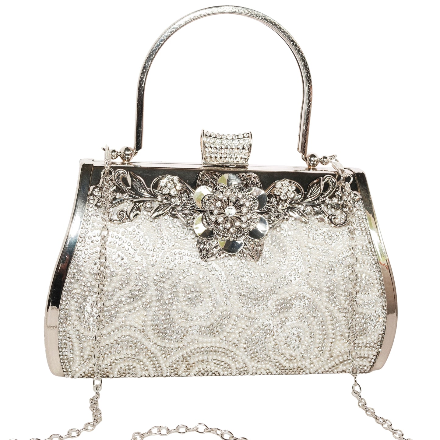 Bolso Rígido para Dama 1 Pieza con Decoración de Brillantes y Rosas Elegantes en Plata y Dorado Ye Store