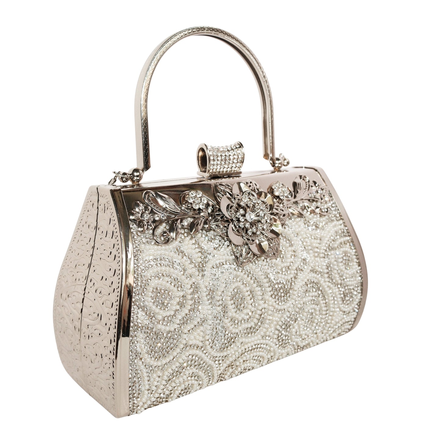 Bolso Rígido para Dama 1 Pieza con Decoración de Brillantes y Rosas Elegantes en Plata y Dorado Ye Store