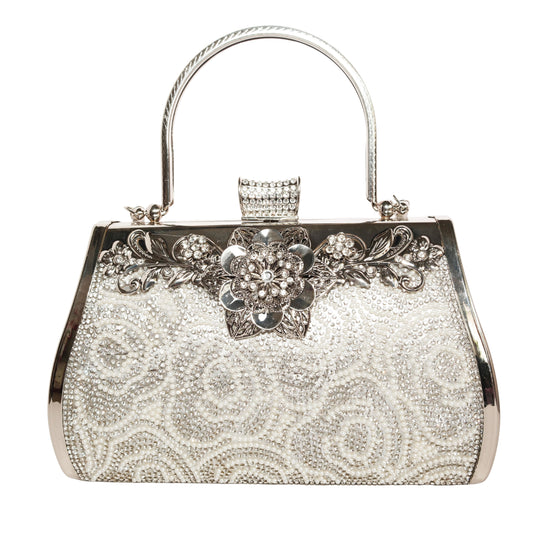Bolso Rígido para Dama 1 Pieza con Decoración de Brillantes y Rosas Elegantes en Plata y Dorado Ye Store