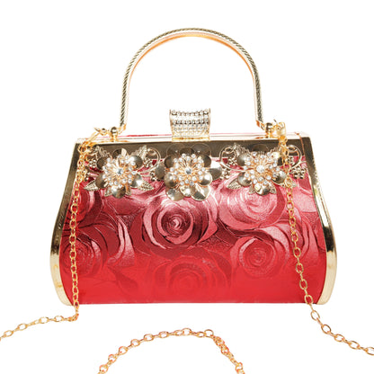 Bolso Rígido para Dama 1 Pieza con Decoración de Brillantes y Rosas Elegantes en Rojo y Dorado Ye Store