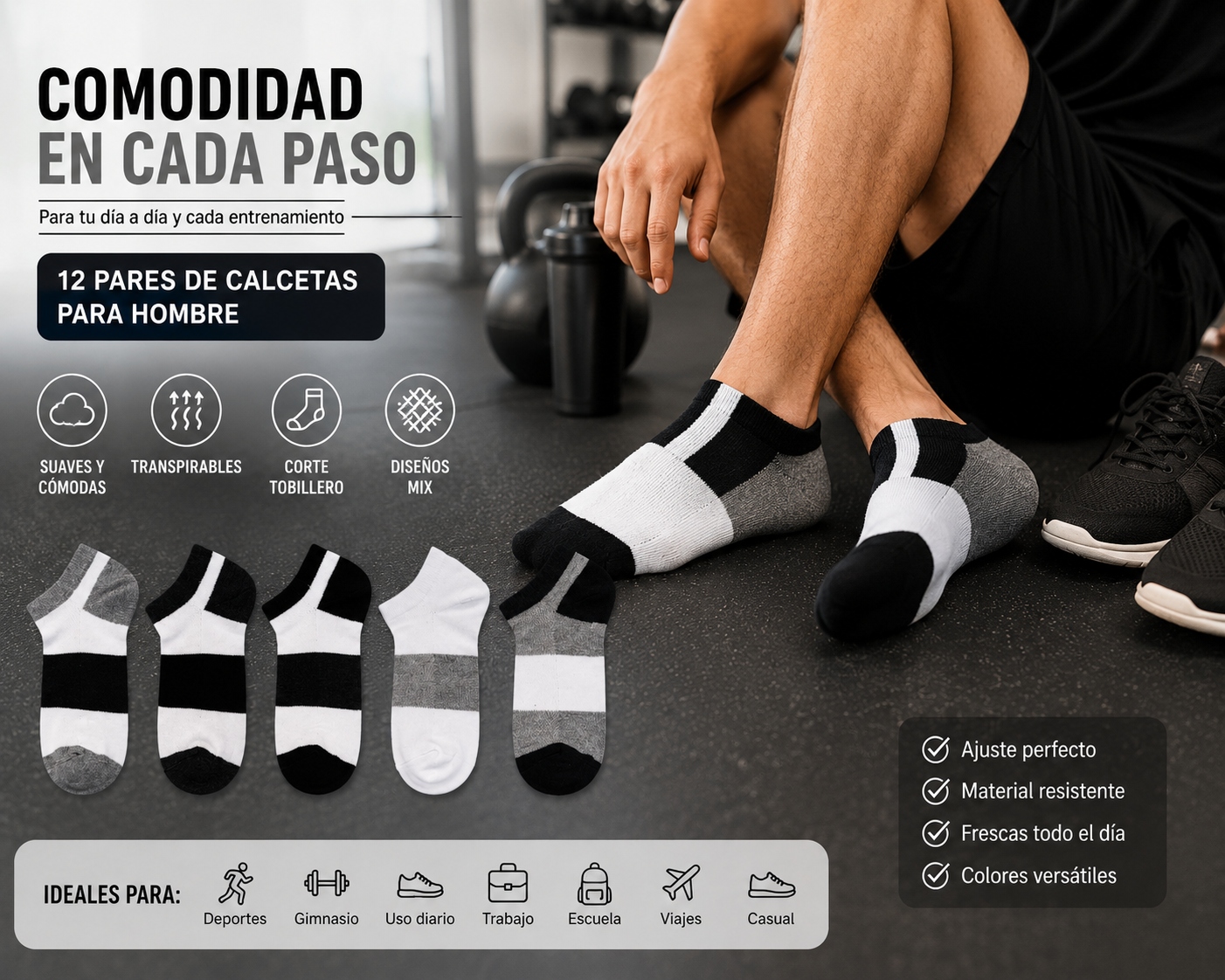 Calcetas Hombre Tobilleras Deportivas 12 Pares Suaves Transpirables Cómodas Diseño Mix Casual Running Gym Algodón YE STORE HC-55