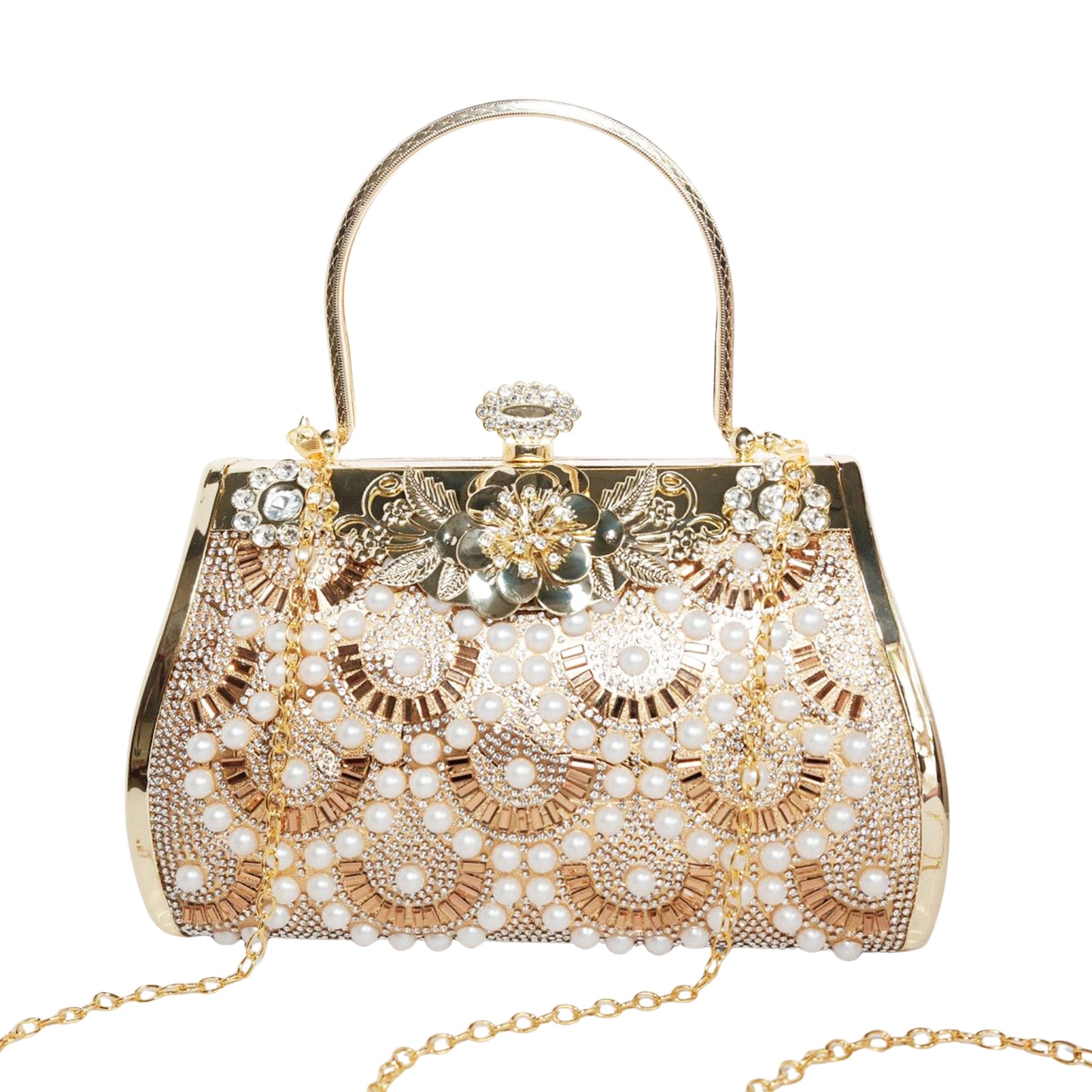 Bolso Rígido para Dama 1 Pieza con Decoración de Brillantes y Flores Elegantes en Plata y Dorado Ye Store