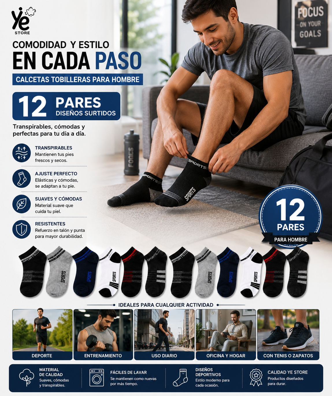 Calcetas Tobilleras Hombre 12 Pares Deportivas Transpirables Cómodas Casual Sports HC-58 YE STORE