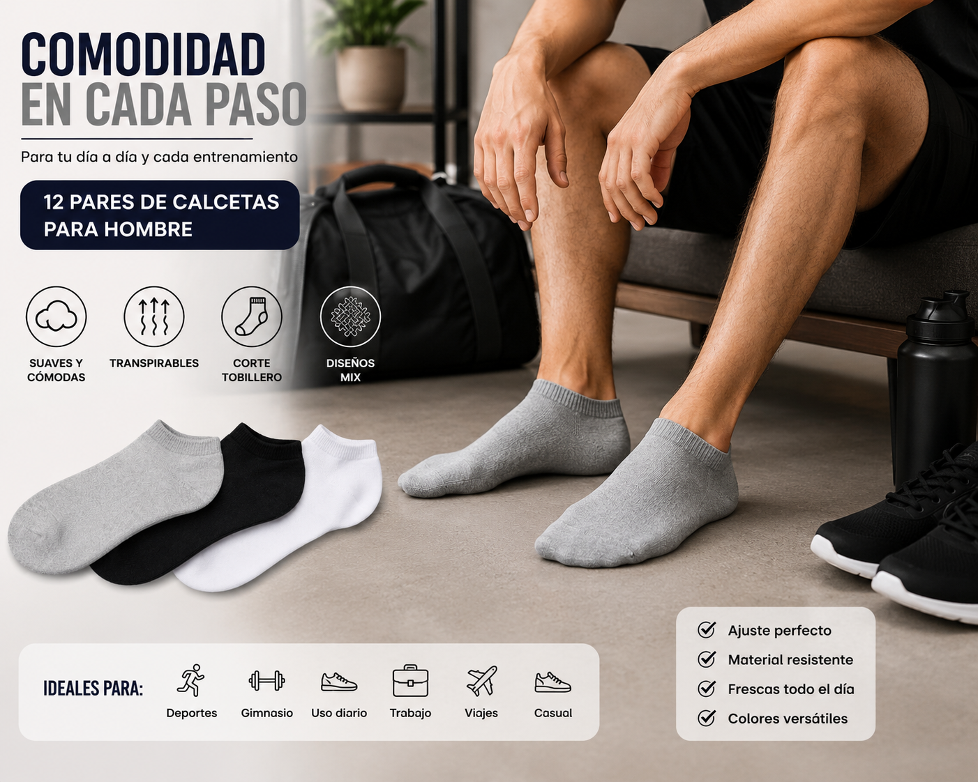Calcetas Tobilleras Hombre 12 Pares Suaves Cómodas Transpirables Deportivas Algodón Diseño Mix Casual Running Gym Diario YE STORE MC-33