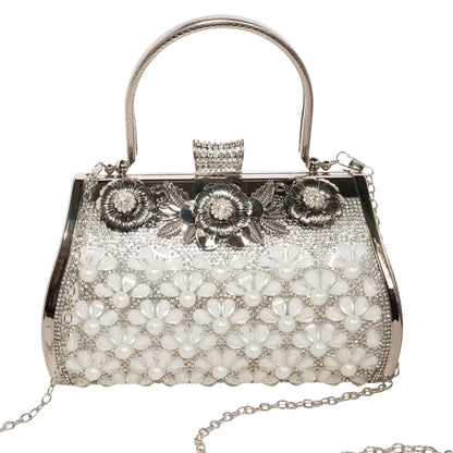 Bolso Rígido para Dama 1 Pieza con Decoración de Brillantes y Rosas Elegantes en Plata y Dorado Ye Store