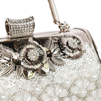 Bolso Rígido para Dama 1 Pieza con Decoración de Brillantes y Rosas Elegantes en Plata y Dorado Ye Store