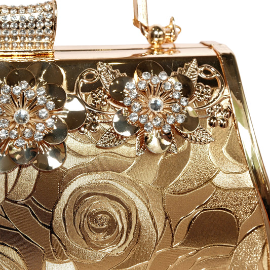 Bolso Rígido para Dama 1 Pieza con Decoración de Brillantes y Rosas Elegantes en Dorado Ye Store