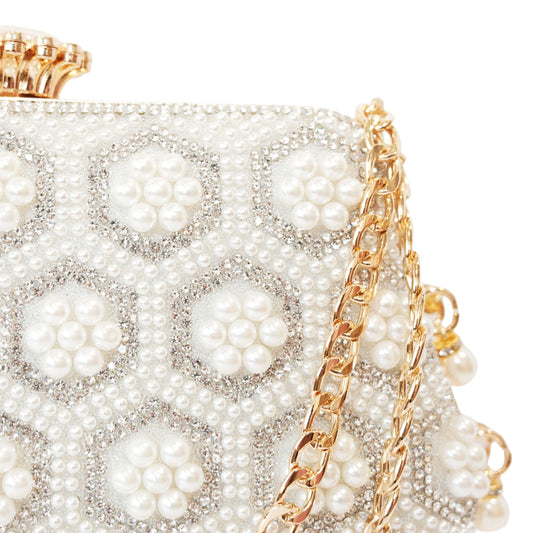 Bolso Rígido para Dama 1 Pieza con Decoración de Brillantes en Blanco y Dorado Ye Store