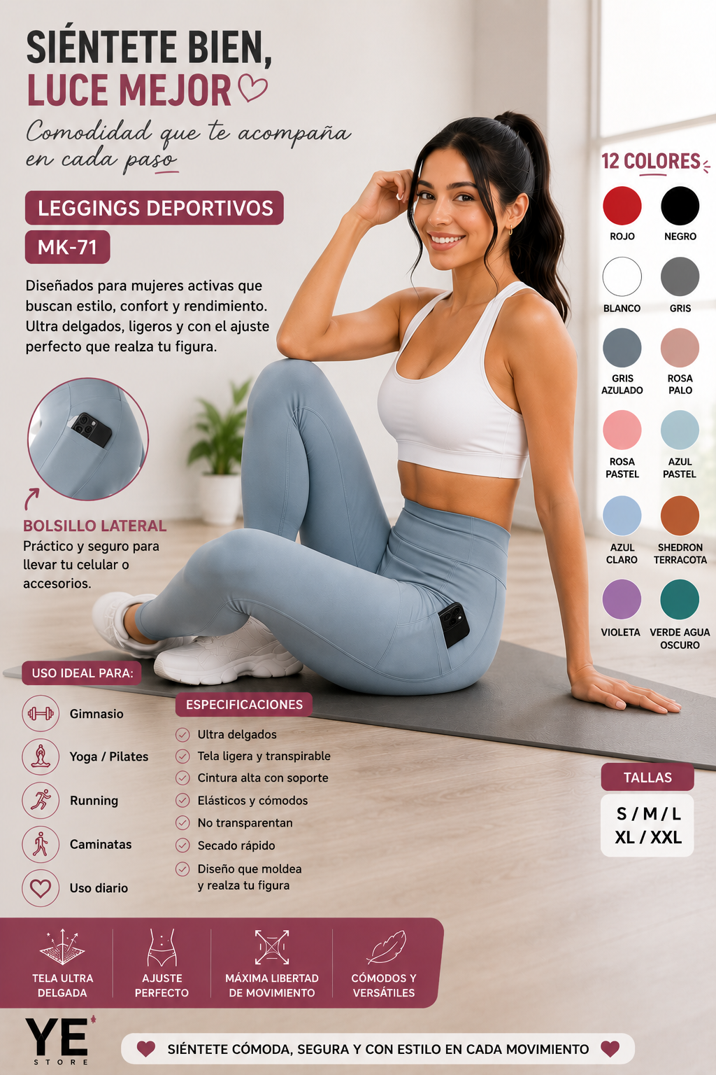 Leggings Deportivos Mujer Ultra Delgados Cintura Alta Bolsillo Push Up Yoga Gym Running 12 Colores MK-71 YESTORE