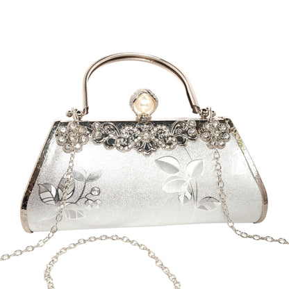 Bolso Rígido para Dama 1 Pieza con Decoración de Brillantes y Rosas Elegantes en Plata Ye Store