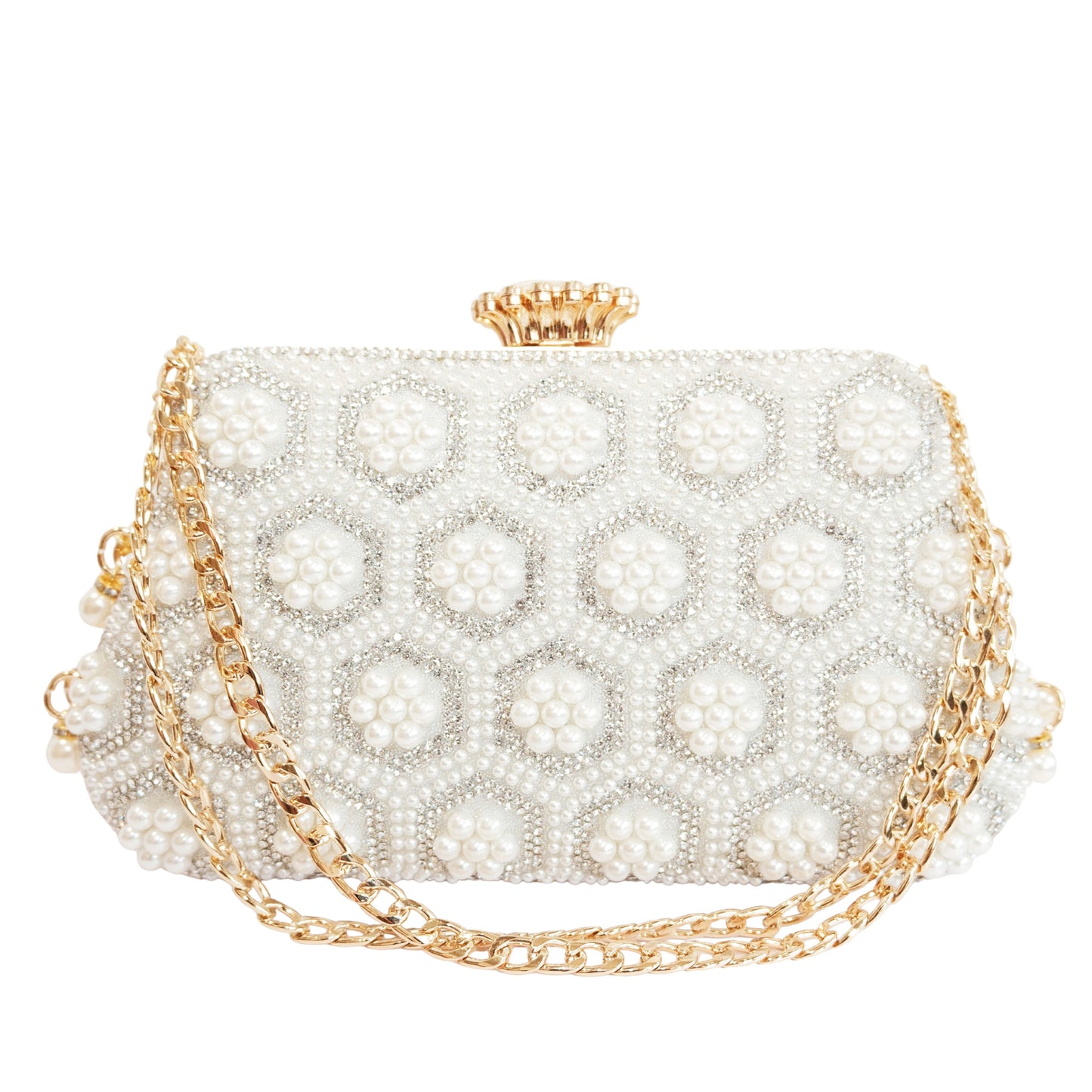 Bolso Rígido para Dama 1 Pieza con Decoración de Brillantes en Blanco y Dorado Ye Store
