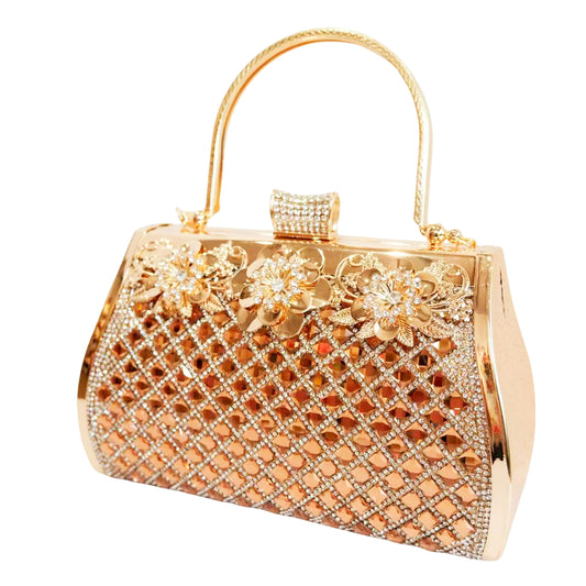 Bolso Rígido para Dama 1 Pieza con Decoración de Brillantes y Rosas Elegantes en Plata y Dorado Ye Store