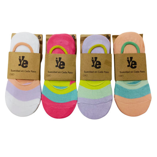 Bulto de 1200 Pares de Calcetas Invisibles para Dama 🧦 Coloridas con Franjas | Antideslizantes en Talón y Cómodas