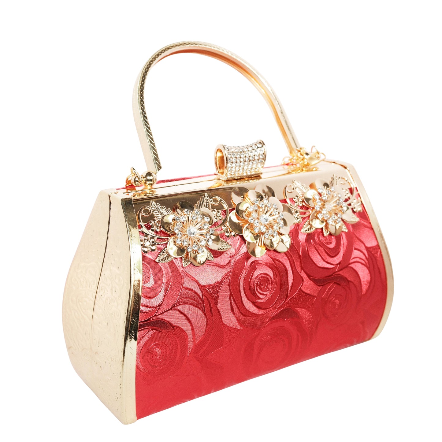 Bolso Rígido para Dama 1 Pieza con Decoración de Brillantes y Rosas Elegantes en Rojo y Dorado Ye Store