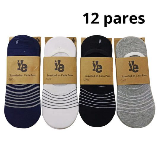 Paquete de 12 a 24 Pares de Calcetas Invisibles Hombre a Rayas en Tonos Neutros con Silicón Antideslizante en Talón