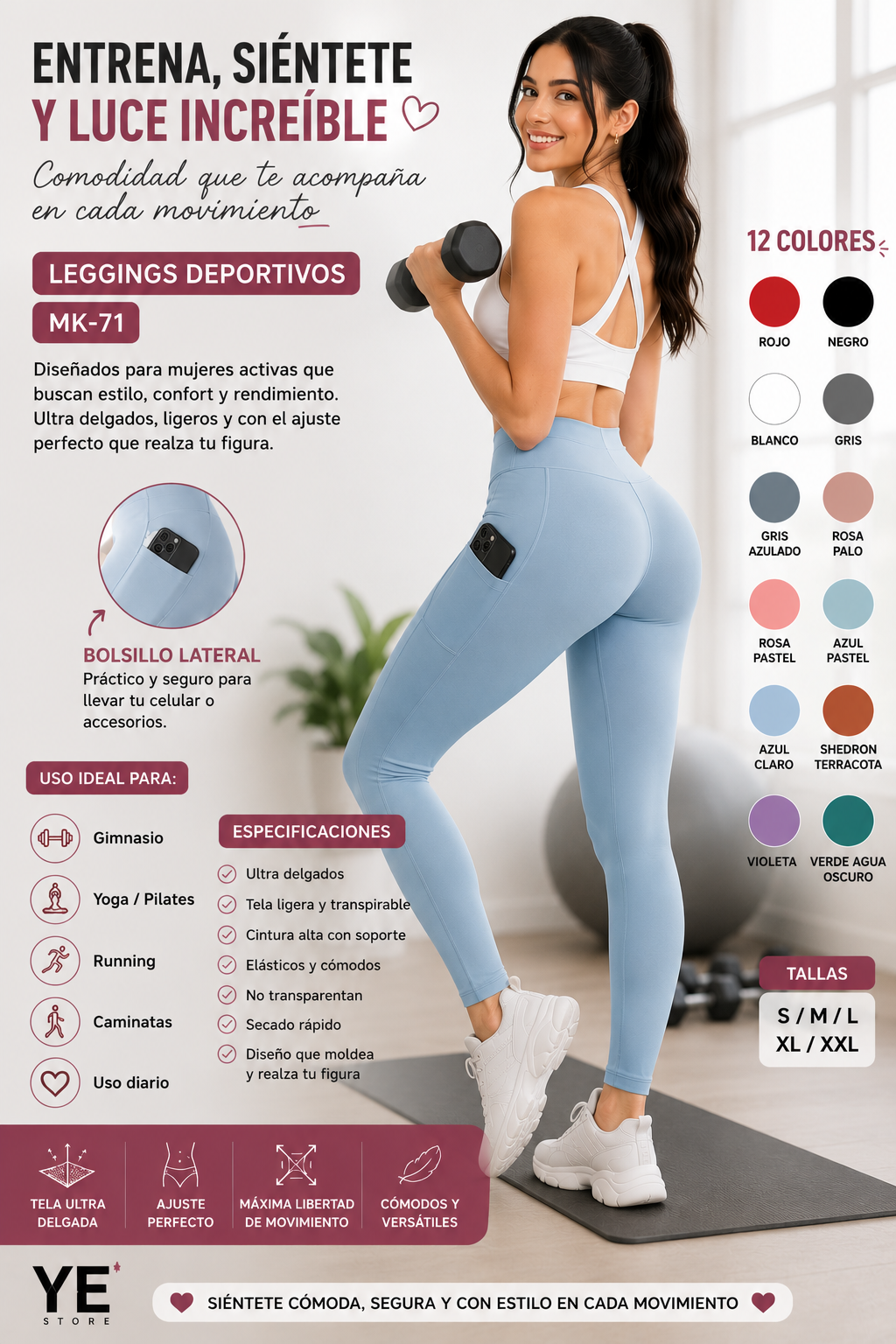 Leggings Deportivos Mujer Ultra Delgados Cintura Alta Bolsillo Push Up Yoga Gym Running 12 Colores MK-71 YESTORE