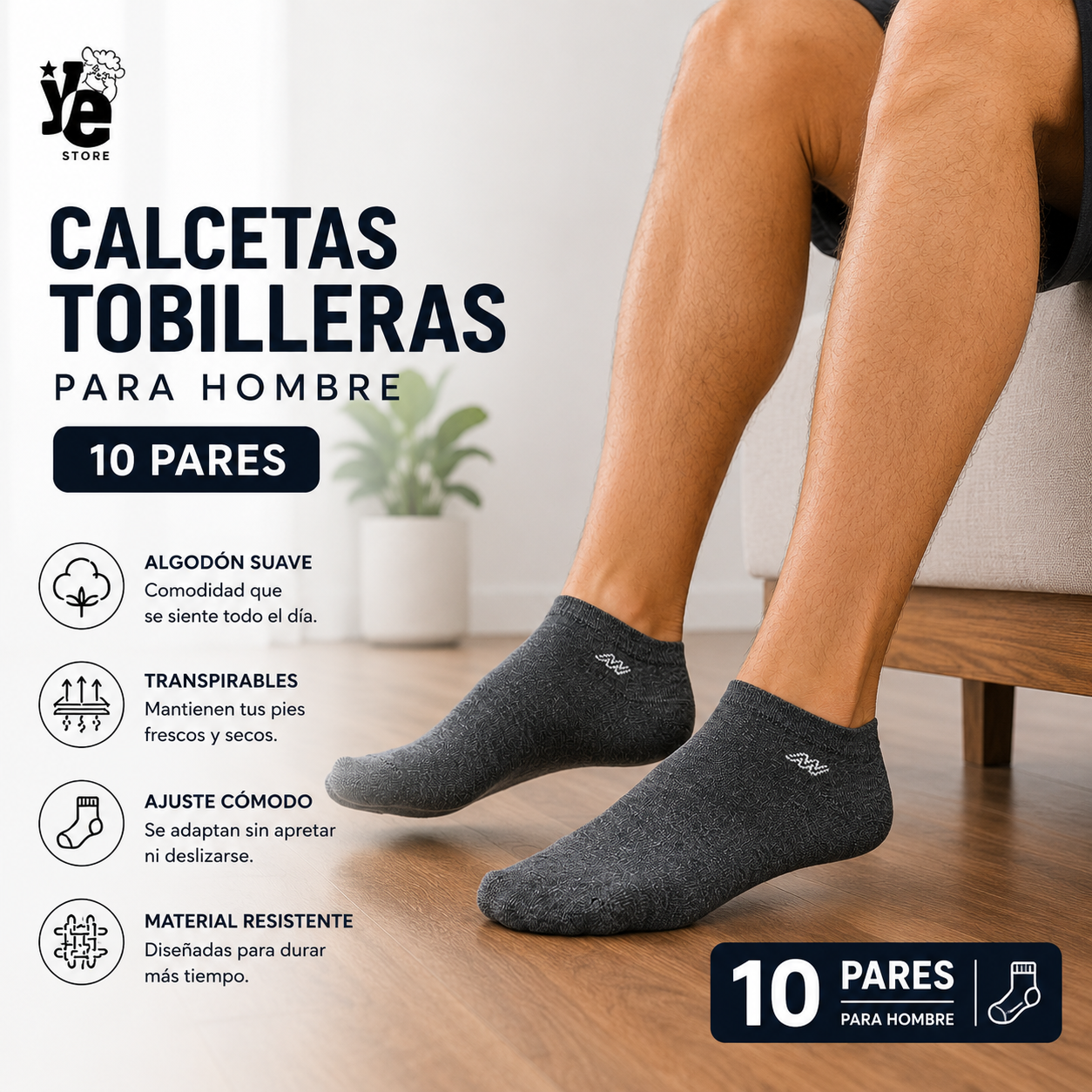 Calcetines Tobilleros Hombre 10 Pares Suaves Transpirables 2069 YE STORE