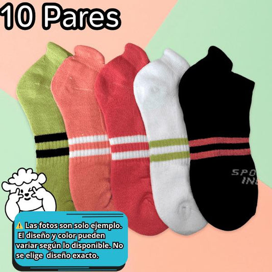 Calcetas Cortas para Dama Paquete de 10 Pares Cómodas Suaves Algodón en Varios Colores y Diseños Ye Store