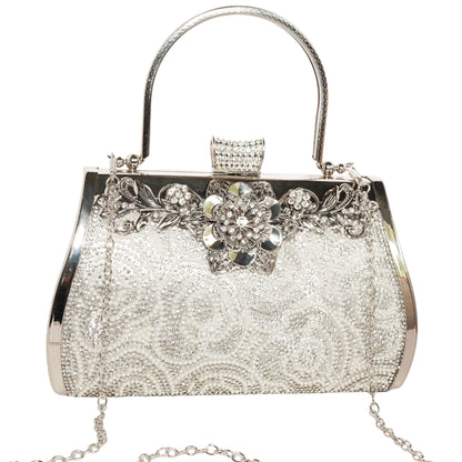 Bolso Rígido para Dama 1 Pieza con Decoración de Brillantes y Rosas Elegantes en Plata y Dorado Ye Store