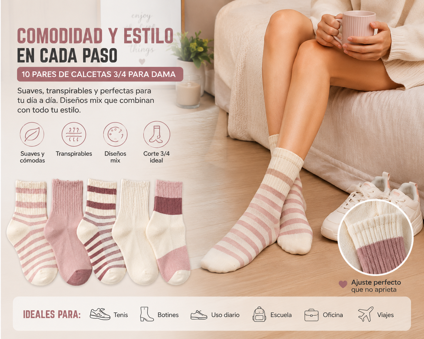Calcetas 3/4 Para Mujer 10 Pares Suaves Cómodas Transpirables Diseños Mix Rayadas Casual Moda Dama YE STORE SKU 3072