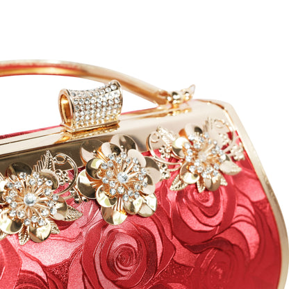 Bolso Rígido para Dama 1 Pieza con Decoración de Brillantes y Rosas Elegantes en Rojo y Dorado Ye Store