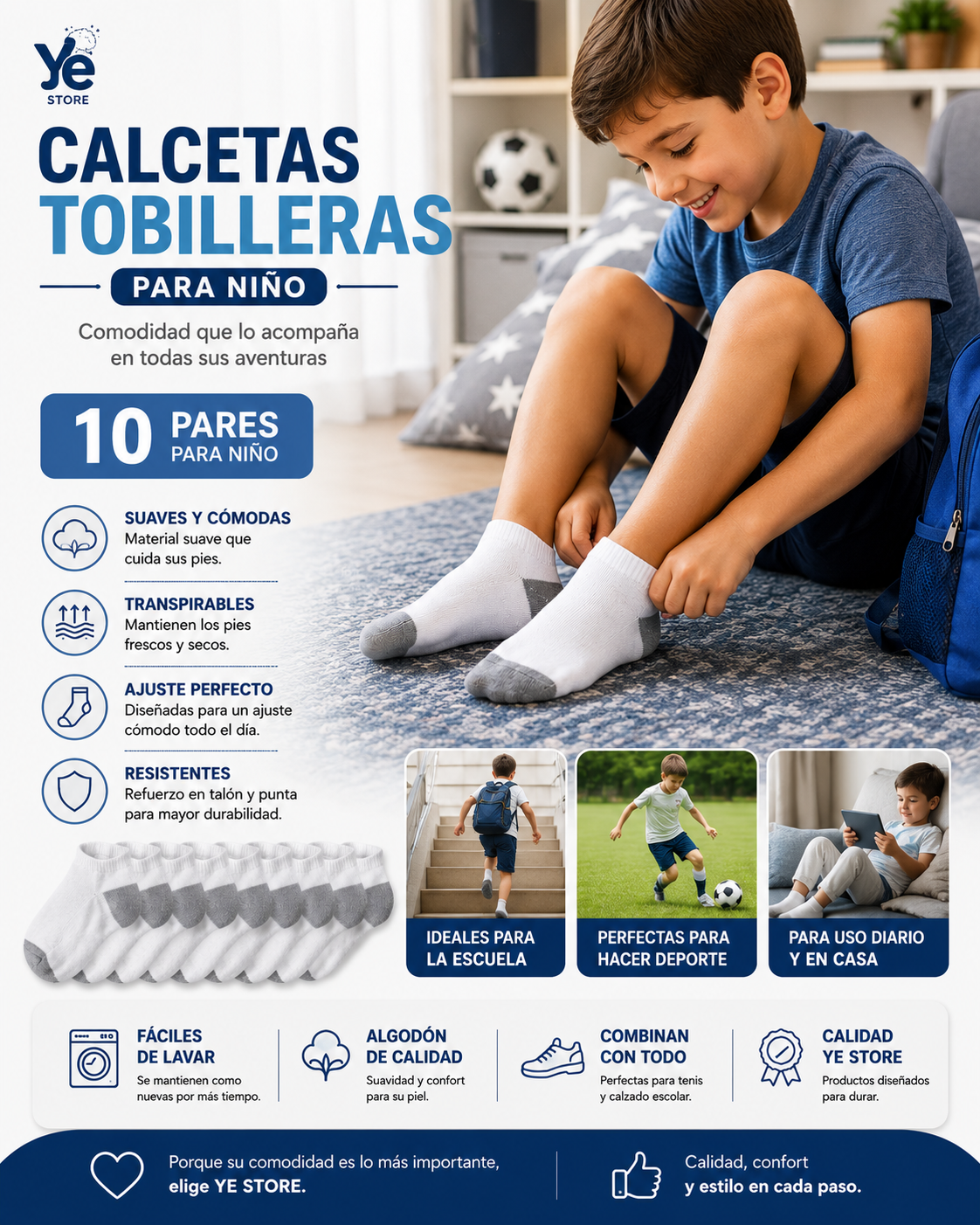 Calcetas Tobilleras Niño 10 Pares Algodón Suaves Cómodas Transpirables Escolares Deportivas 7247 YE STORE