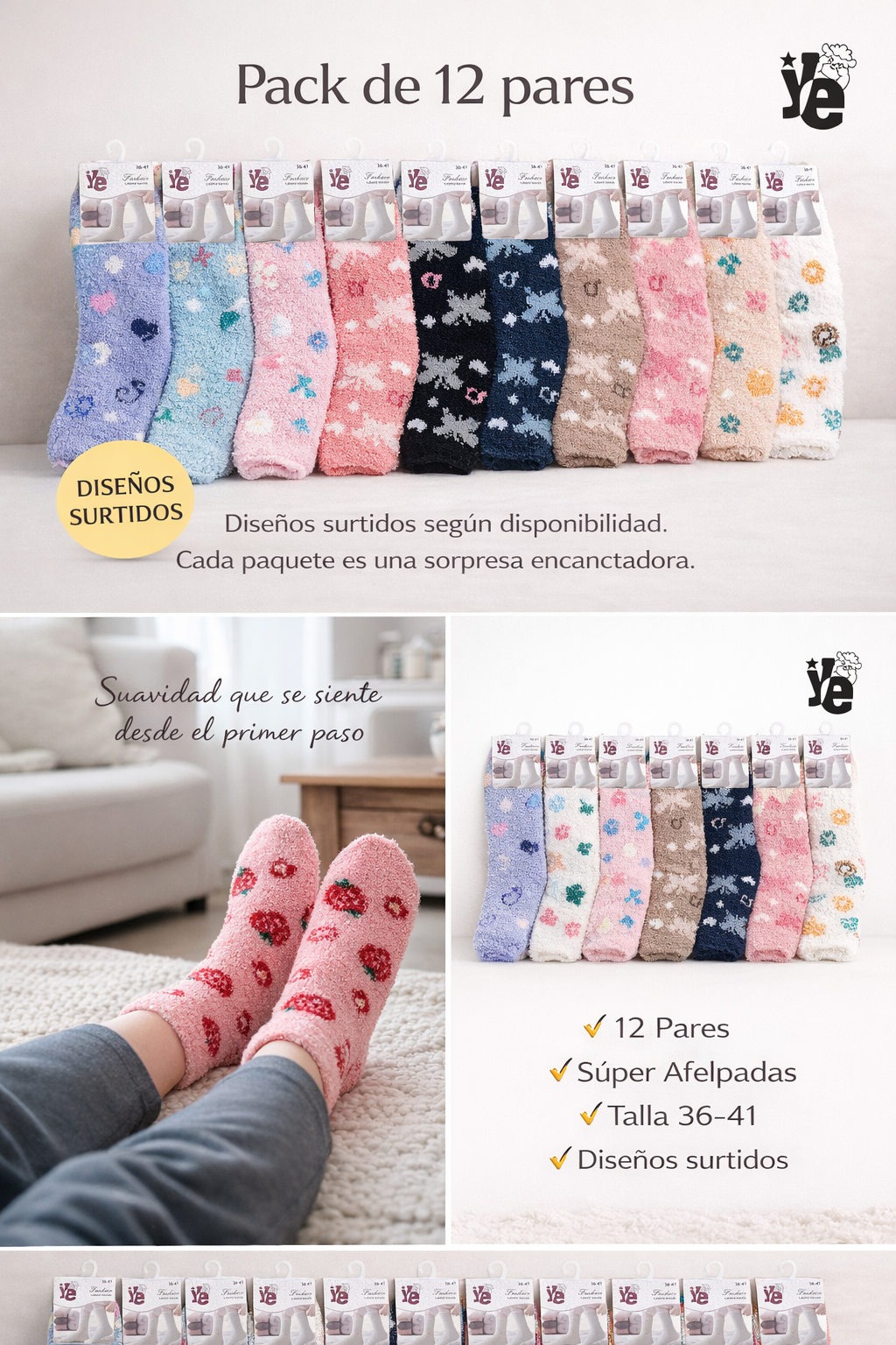 Calceta Afelpada De Invierno Para Dama Mayoreo Paquetes de 12 pares Confección Suave Talla Única Calidad Acogedora Estilo Versátil Diseños Variados Ye Store