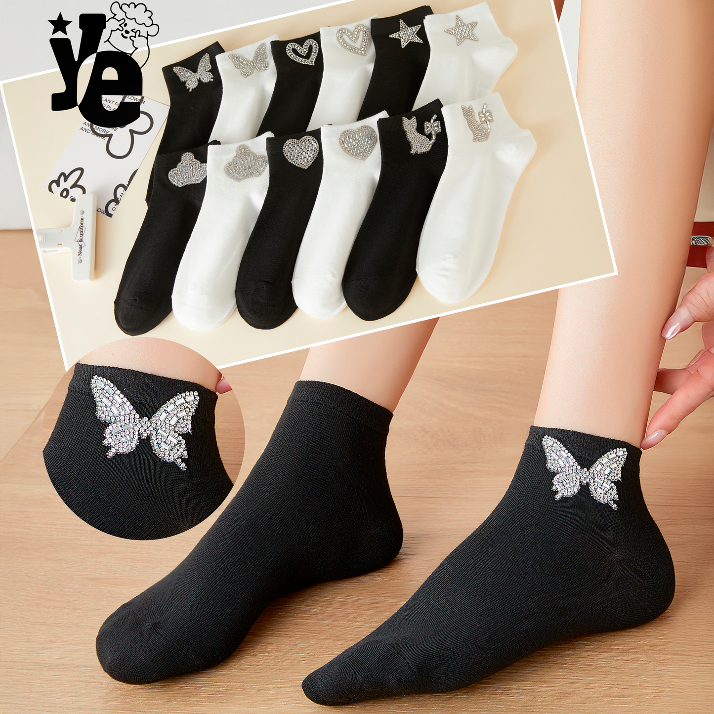 Calcetas tobilleras para dama con detalles brillantes 6 a 12 pares Ye Store