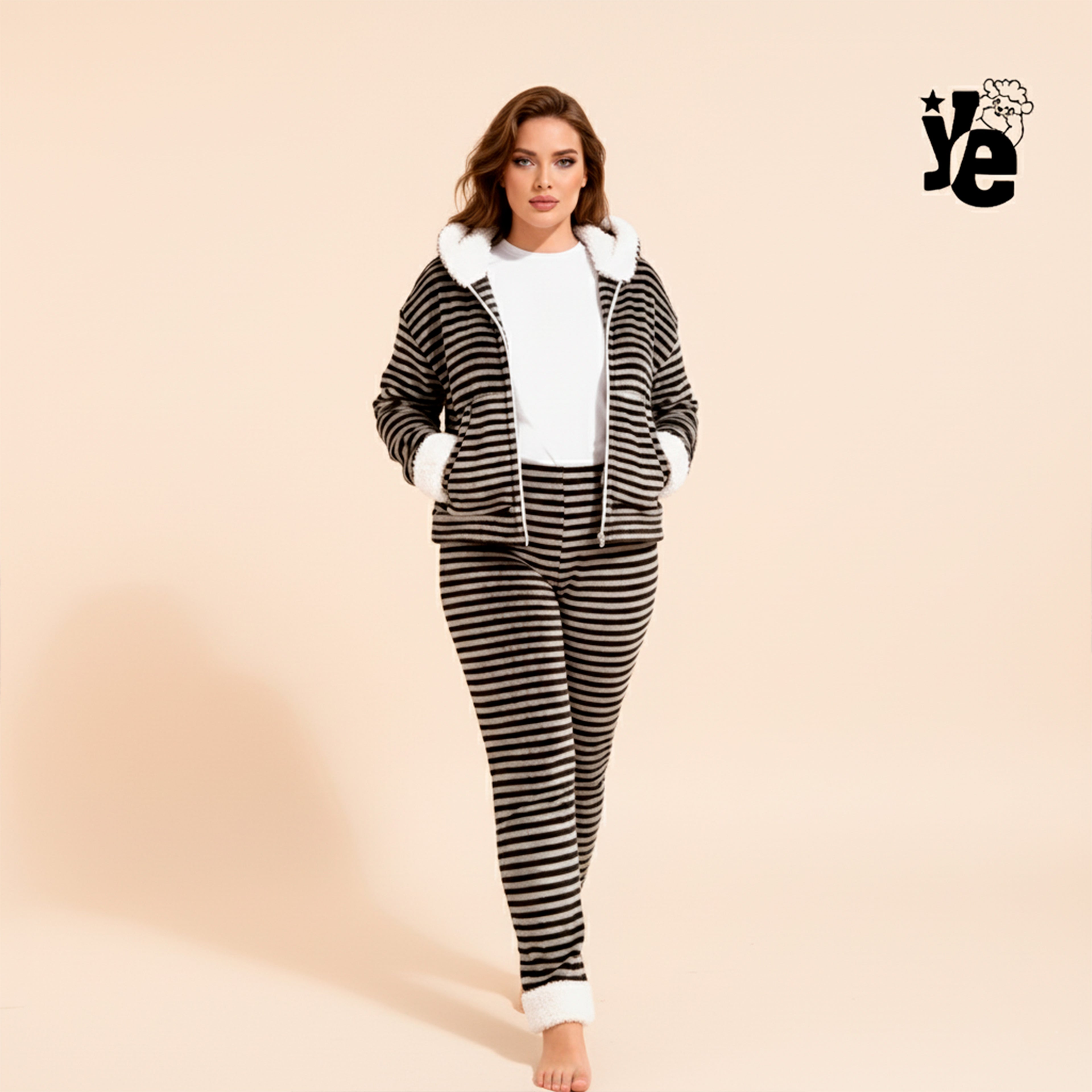 Conjunto de Pijama para Dama a Rayas: Sudadera con Capucha y Pantalón Calientito