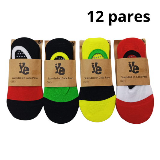 Paquete de 12 a 24 Calcetines Antiderrapantes para Dama – Tipo Invisible, Multicolor con Silicón en Suela y Talón