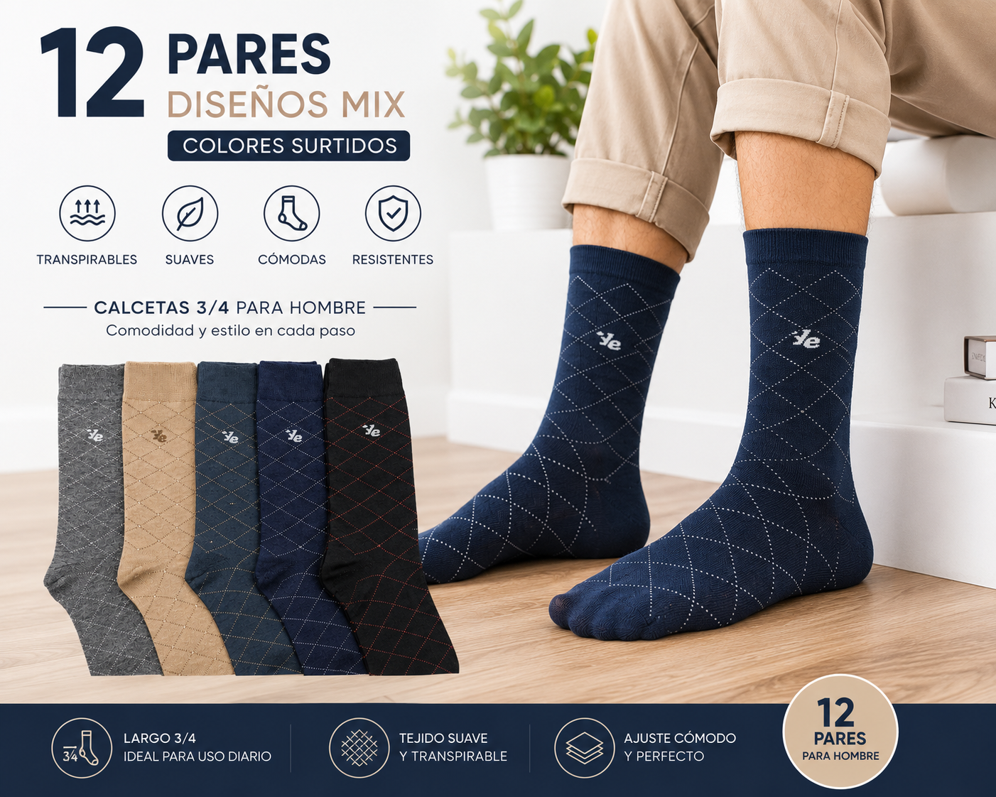 Calcetas Hombre Tobilleras 12 Pares Suaves Cómodas Transpirables Casual Oficina Vestir Diseños Mix Colores Surtidos HL-52 YE STORE