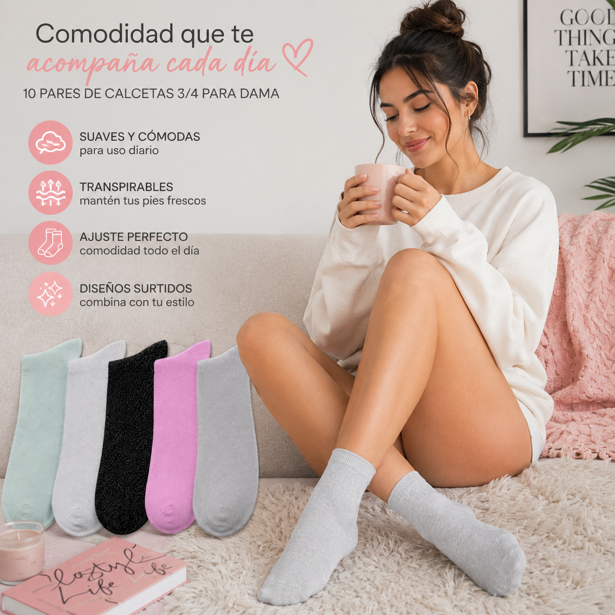 Calcetas 3/4 Dama 10 ParesSuaves Cómodas Transpirables Casual Escolar Deportivas Colores Surtidos Mujer SKU 2966 YE STORE