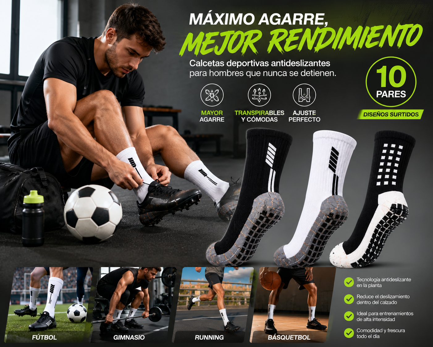 Calcetas Deportivas Antideslizantes 10 Pares Hombre Futbol Gym Running Training Transpirables Con Grip Alto Rendimiento YE STORE HL-62